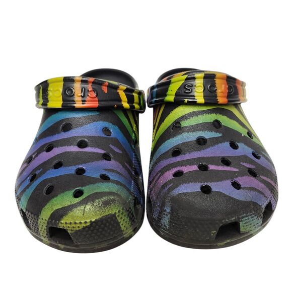 Crocs Classic Clogs Womens 6 Mens 4 Black Rainbow Zebra Stripes Slip On Casual - Picture 6 of 10